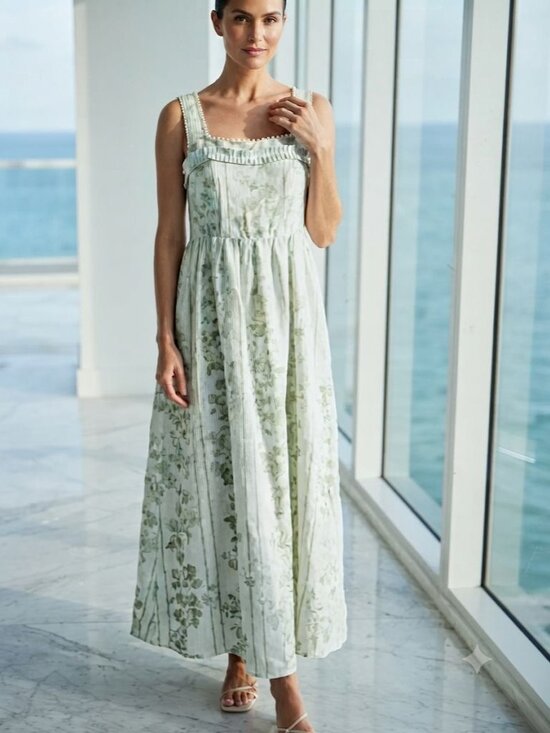 Caroline Constas Dresses & Skirts - Caroline Constas Sage Green Pearl Neck Trim Floral Linen Maxi Dress Size S NWT